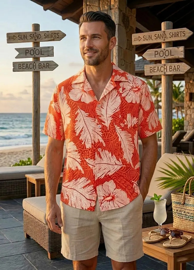 Mens Orange Leaf Flower Hawaiian Shirt Tropical Aloha