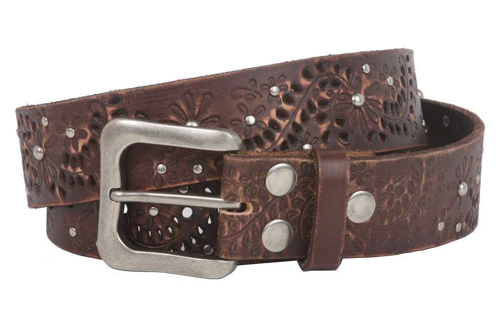 Snap On Vintage Cowhide Full Grain Leather Floral Rivet Perforated Casual Belt