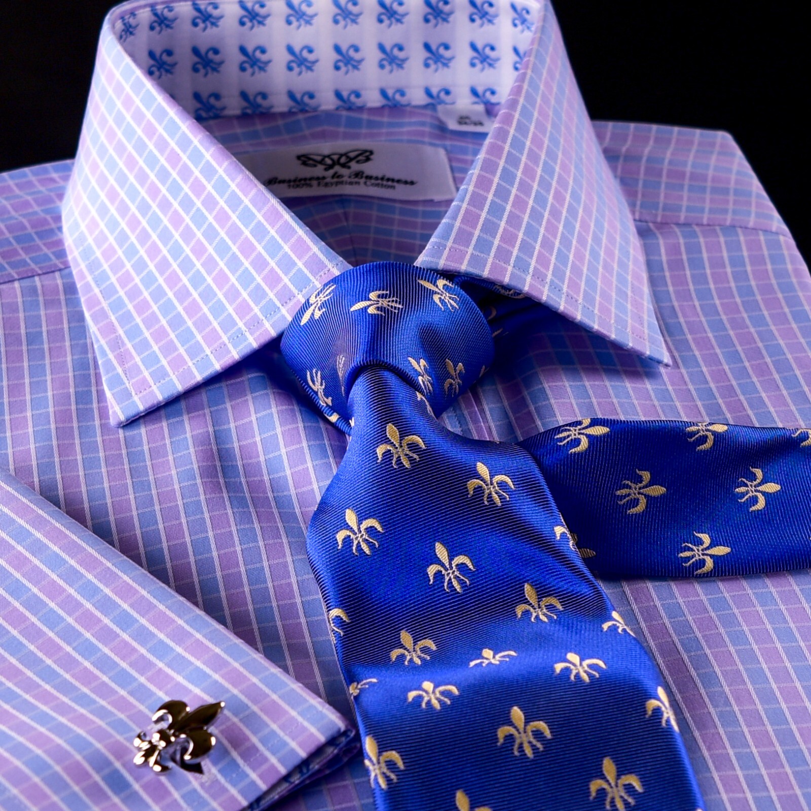 NEW Arrival Purple Blue Check WIth Blue Fleur-De-Lis Dress Shirt French Cuffs