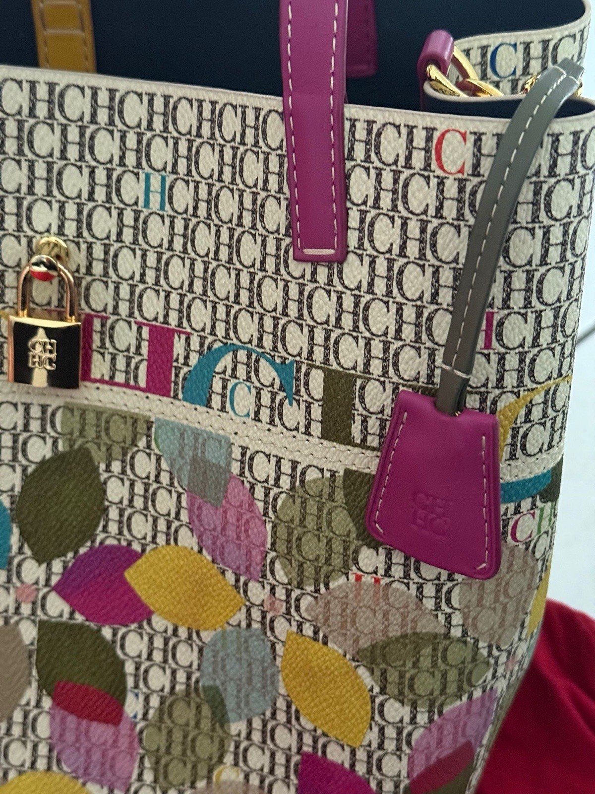 Carolina Herrera CH Monogram Multicolor Tote Purple Double Handles Padlock Key
