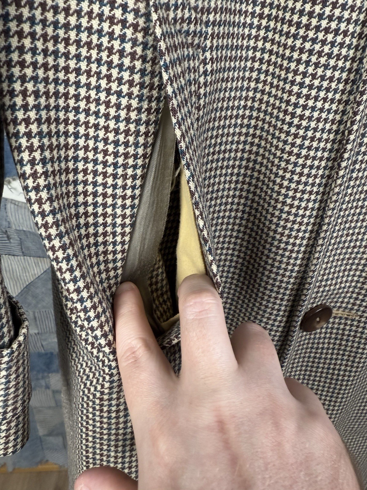 50s VINTAGE Rock-Knit Tailored Houndstooth Overcoat Size 44 Wool BEAUTIFUL Lined