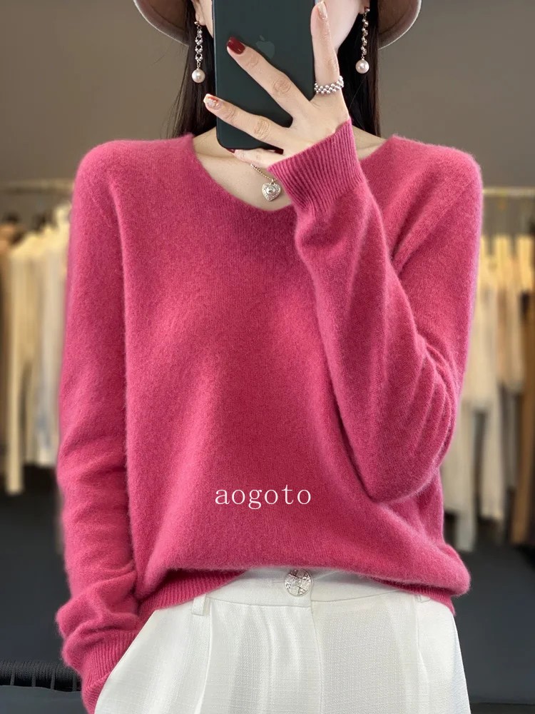 Women’s V-neck Pullover Sweater Knitwear Soft Warm Cashmere Loose Grace Style