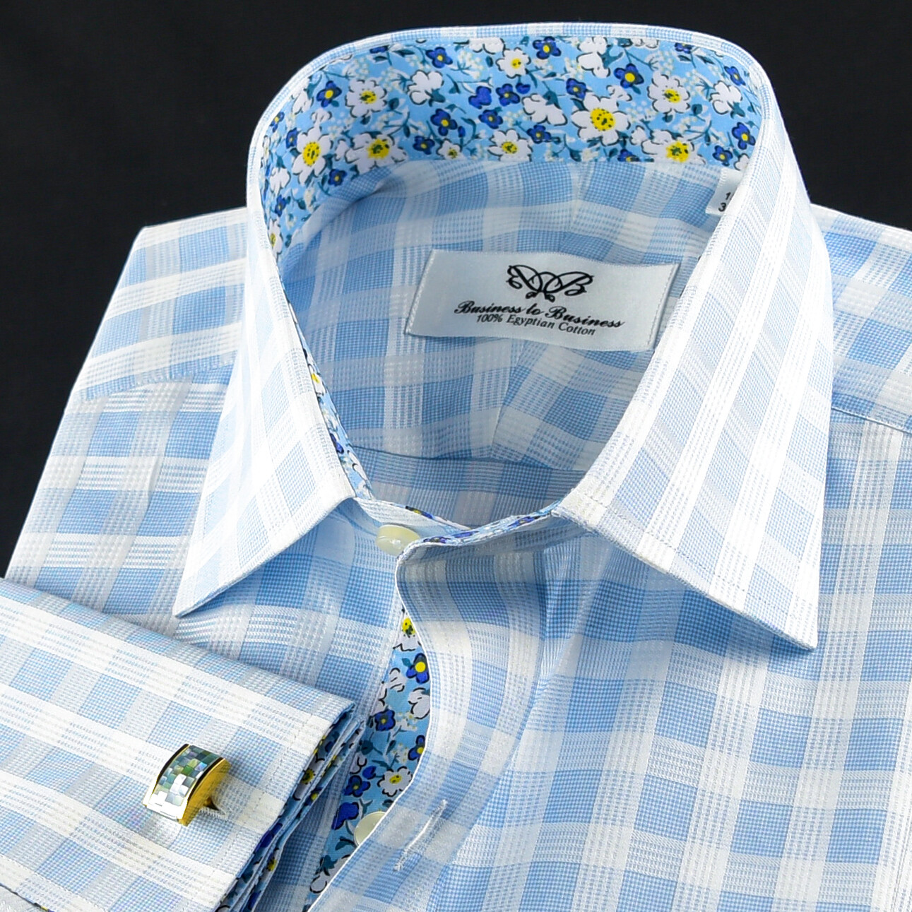 Blue Check Formal Business Dress Shirt Wih Cool Floral Inner Lining French Cuffs