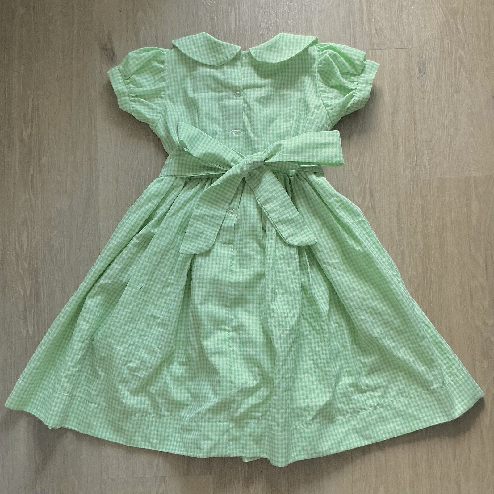 Vintage Girls Youth Dress Green Gingham Plaid Tie Back Peter Pan Collar Babydoll
