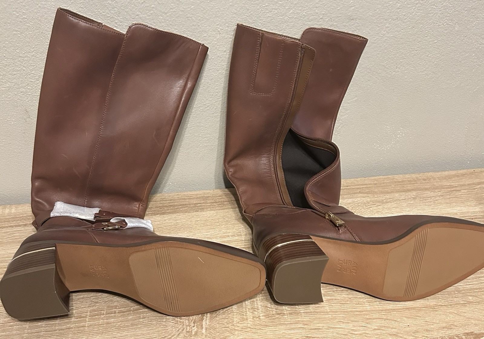 Brown Leather Knee-High Riding Boots Side Zip Almond Toe Stretch US 8.5