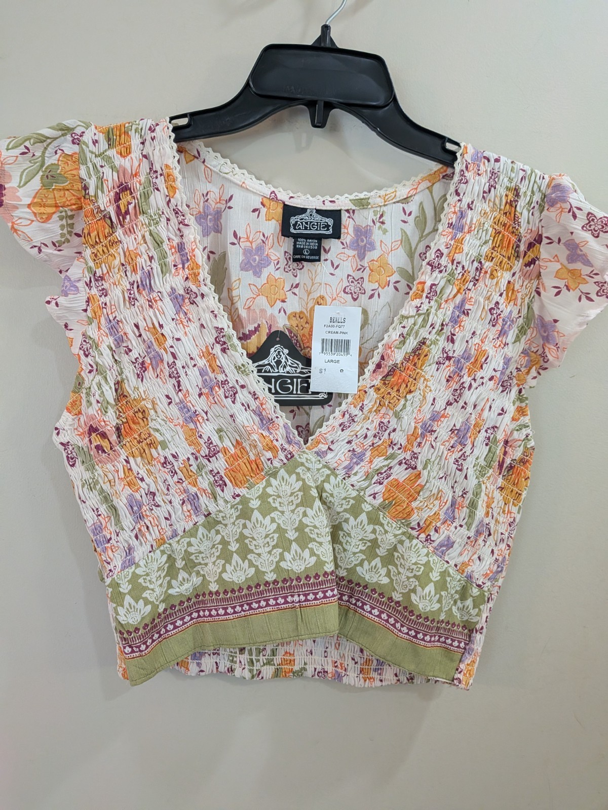Angie Cap Sleeves Floral Print Low-Cut Crop Top Sz. L MISSES NEW (Runs Small)
