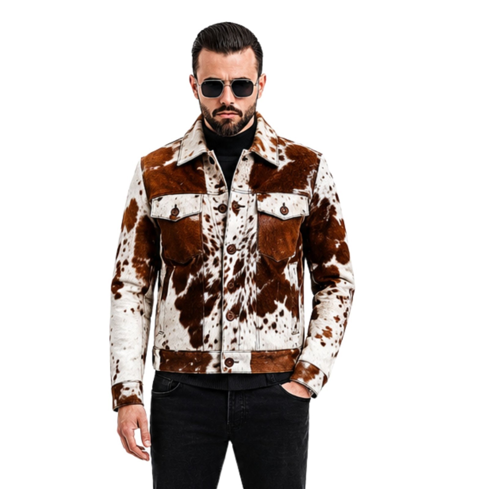 Men’s Cow Print Leather Jacket – Real Hair-On Cowhide, Stylish Pony Skin Western