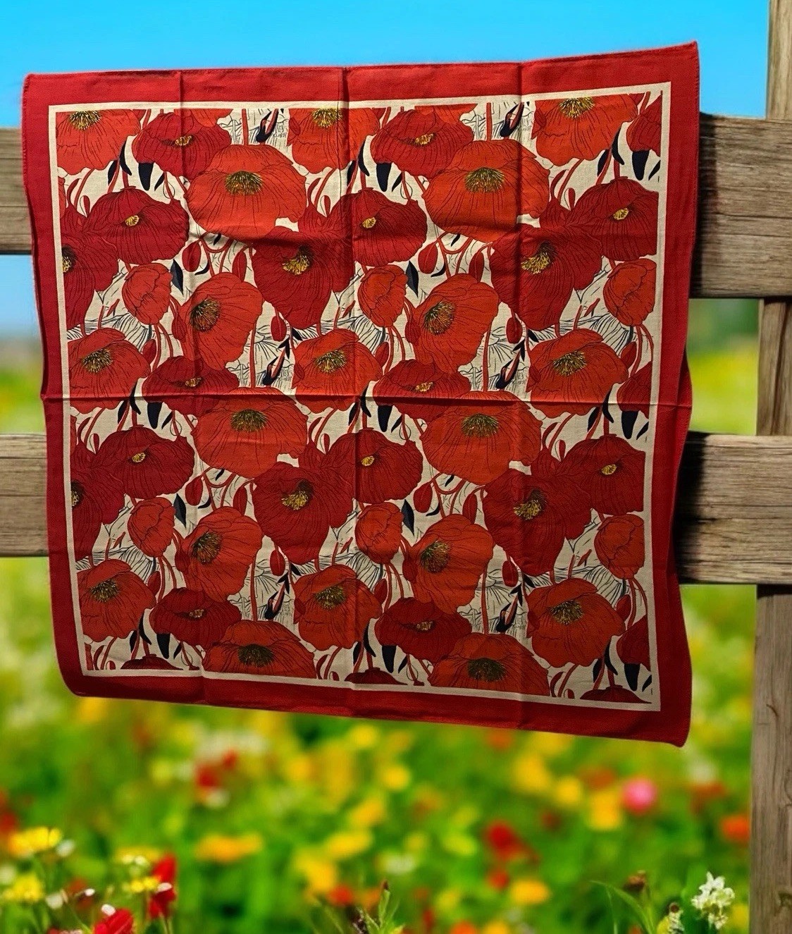 Poppies Bandana New Red Scarf Neck Wrap Flowers 100% Cotton Floral Spring