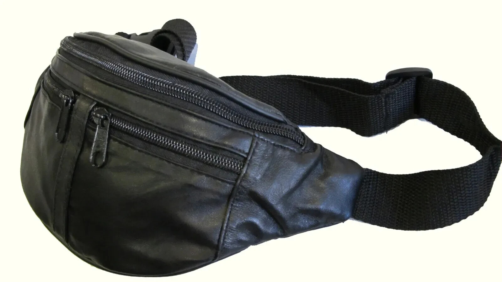 Small 4 Zipper Pocket Soft Lamb Leather Fanny Pack 48″ Long Waist Bum Bag -BLACK
