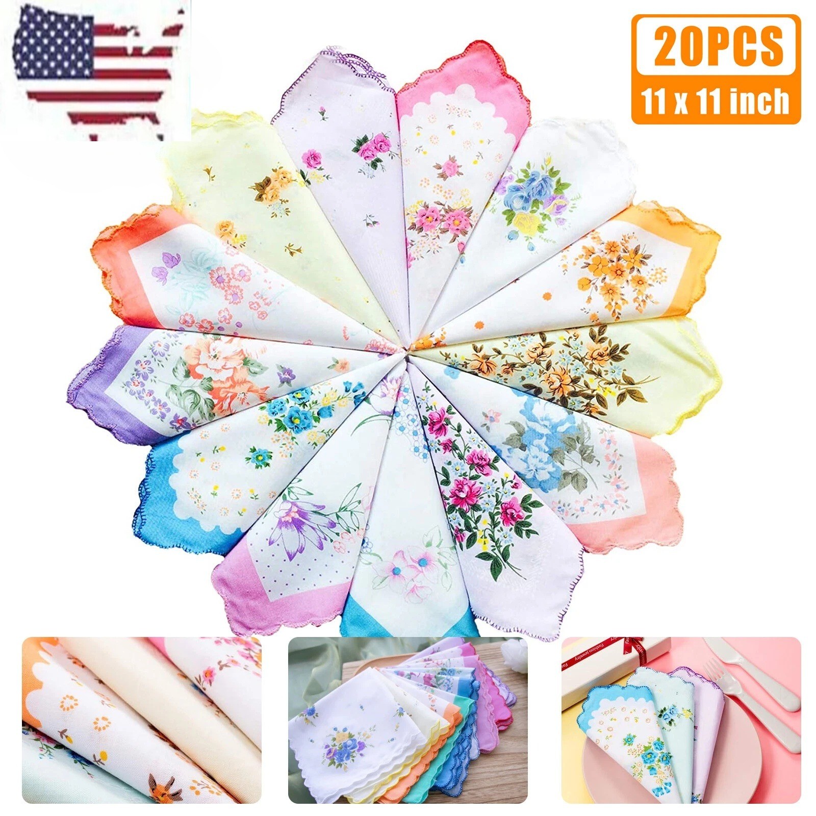 20PCS Women Vintage Floral Flowers Handkerchief 100% Cotton Square Hanky Ladies