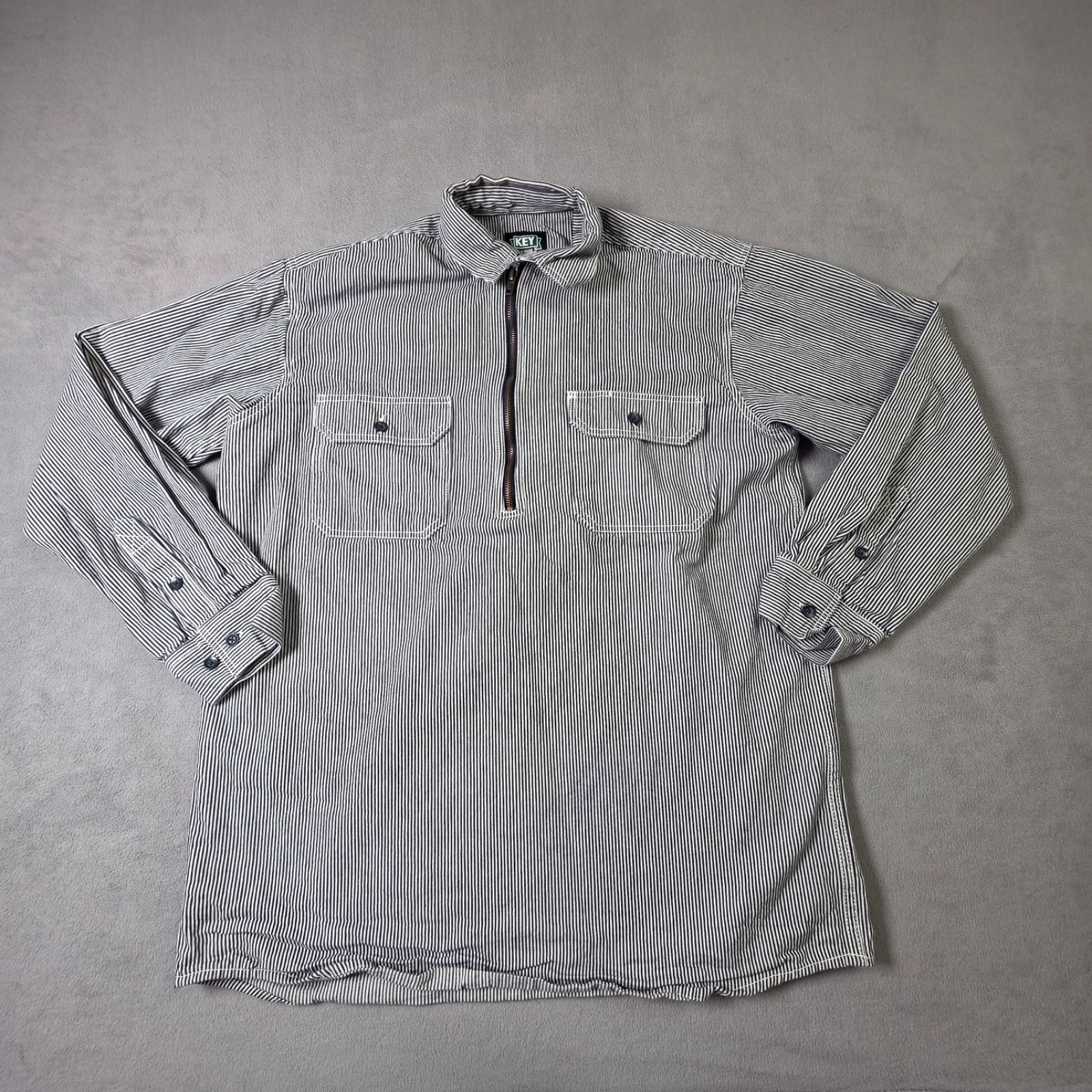 Key Imperial Shirt Mens Large Ta1l 1/2 Zip Hickory Striped Railroad Workwear