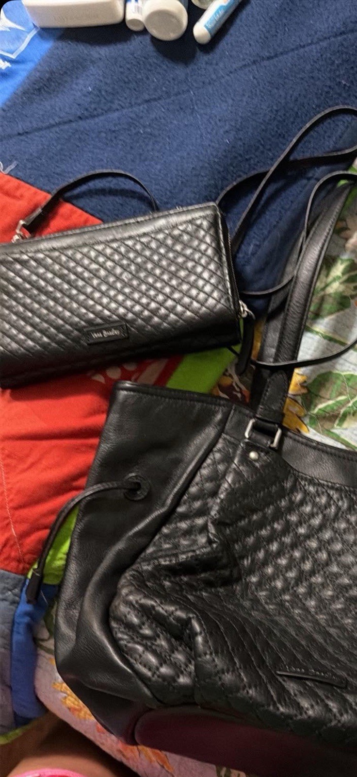 Vera Bradley Black Quilted Shoulder Bag Detachable Strap Silver Hardware Pockets
