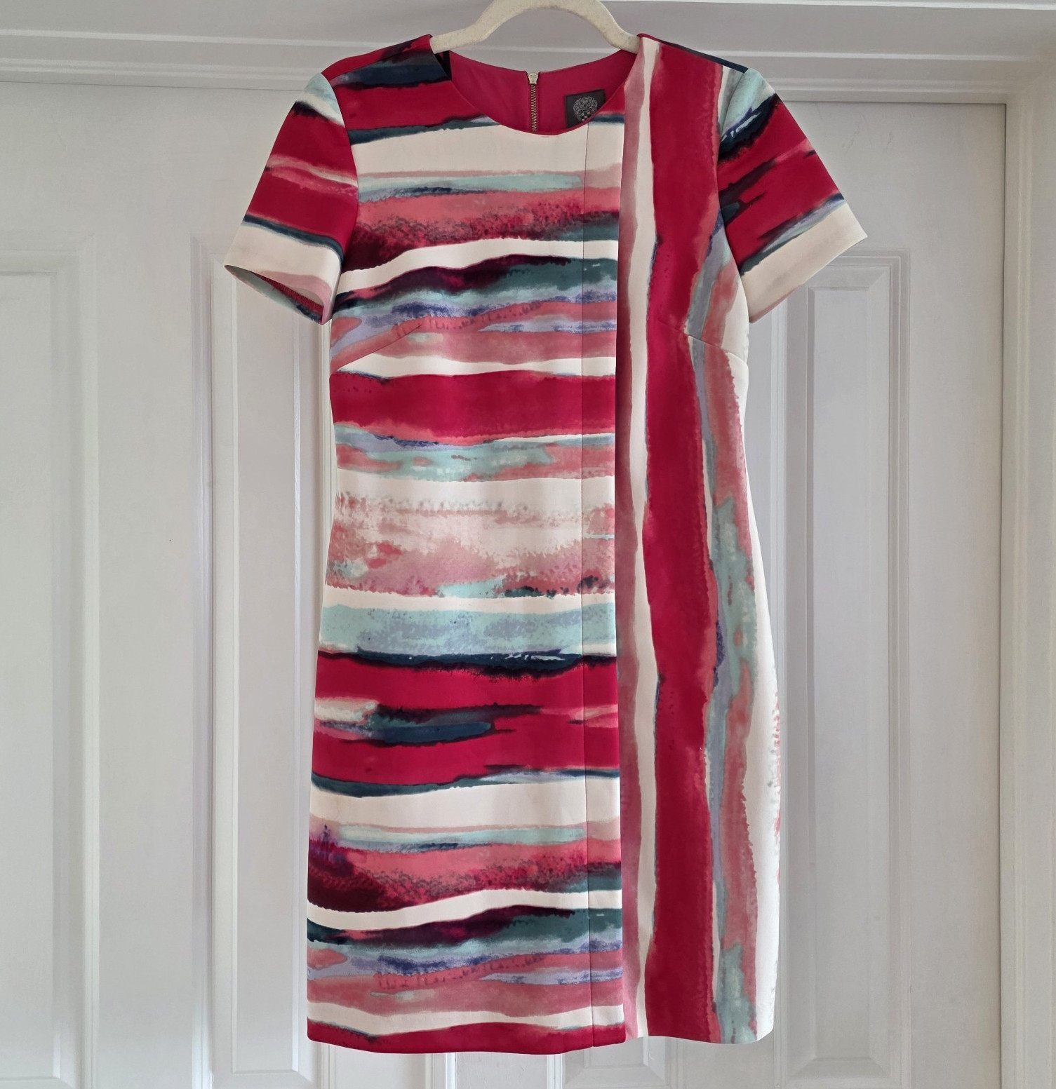 Vince Camuto Striped Sheath Dress Women’s 2 Pink White Blue Short Sleeve Zip