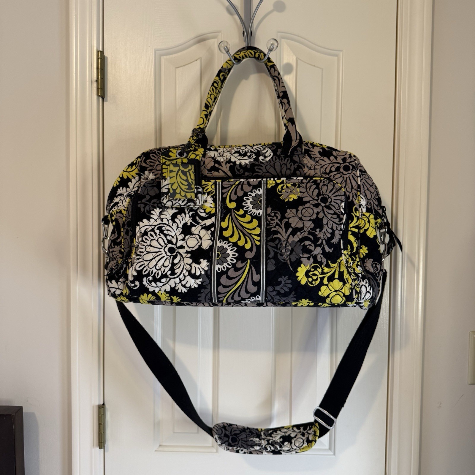 Vera Bradley Fanfare Traveler Weekender Bag Black White Yellow Boho Paisley