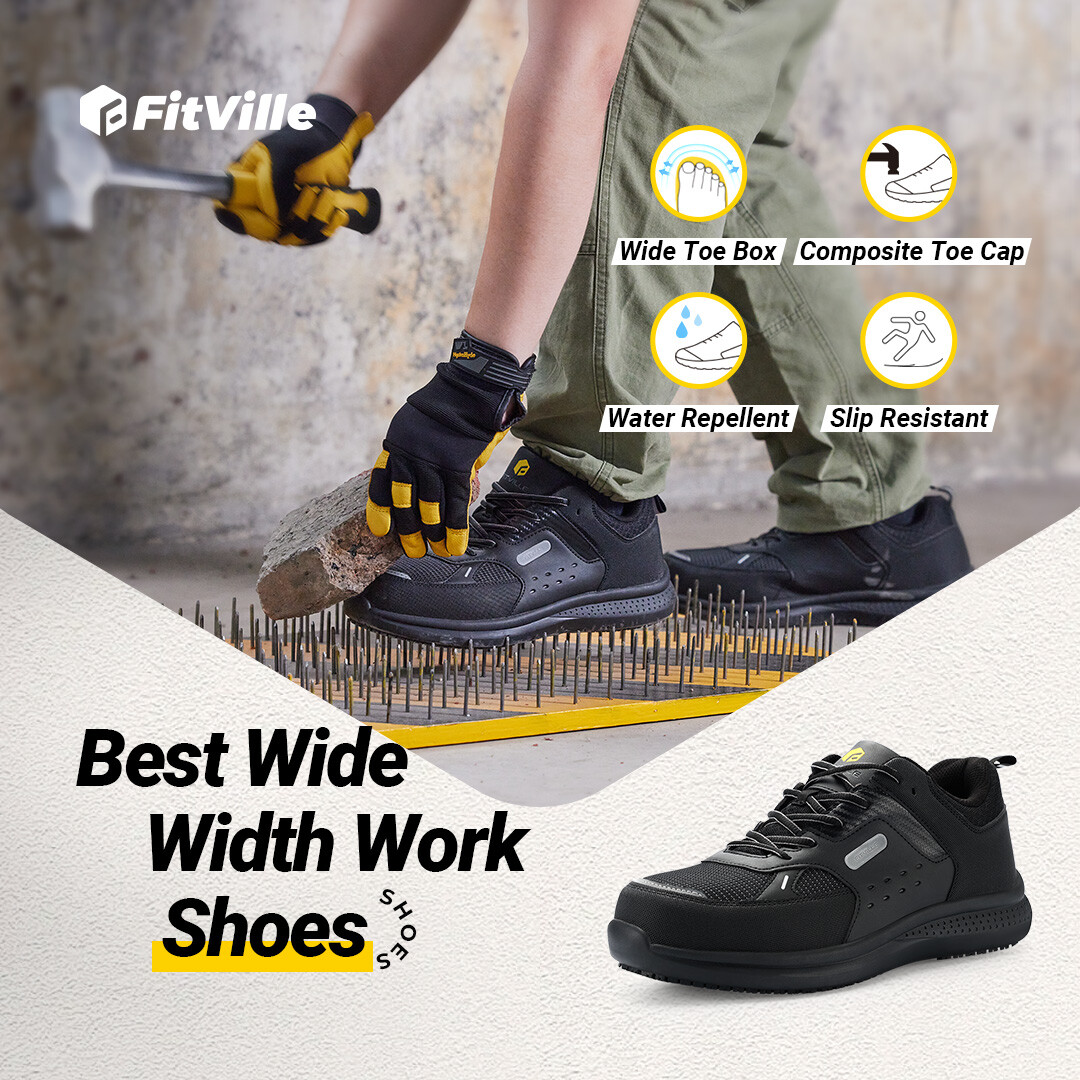 FitVille Men’s Extra Wide Work Safety Shoes Composite Steel Toe Slip Resistant