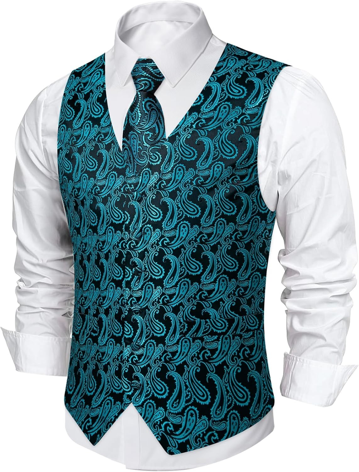 Mens Paisley Silk Vest Tie Pocket Square Cufflinks Set for Wedding Party Formal