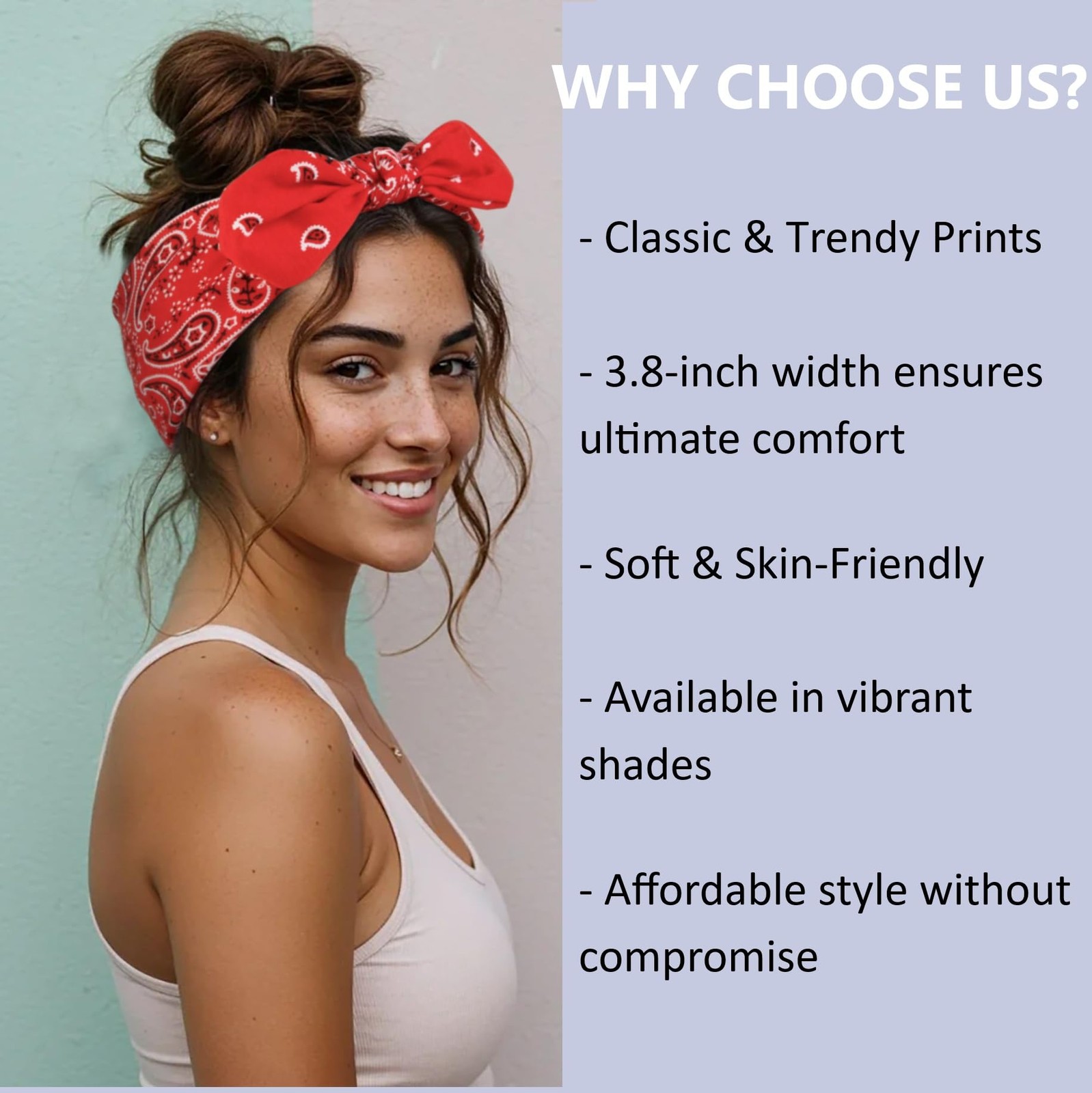 Boho Paisley Bandana Headbands for Women, NonSlip Wide Bow Headwraps 6 Pack