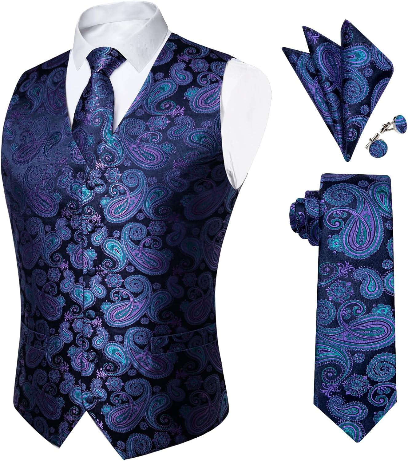 Mens Paisley Silk Vest Tie Pocket Square Cufflinks Set for Wedding Party Formal