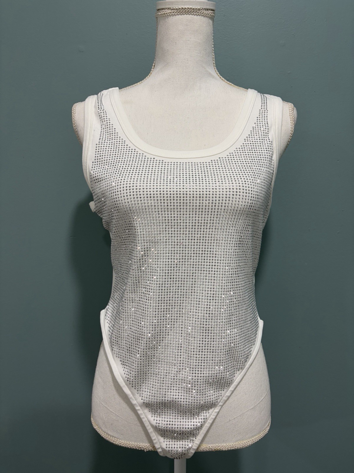 NWT L.C. White Thong Bodysuit Tank top W/Silver Rhinestones , Size XL