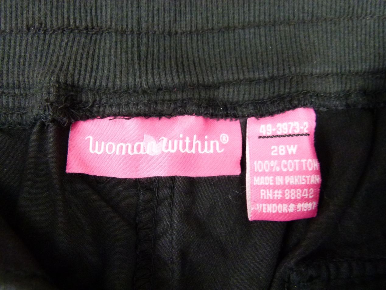 Woman Within Women’s 28W 48×30 Black Solid Cargo Cotton Capri Pants Drawstring