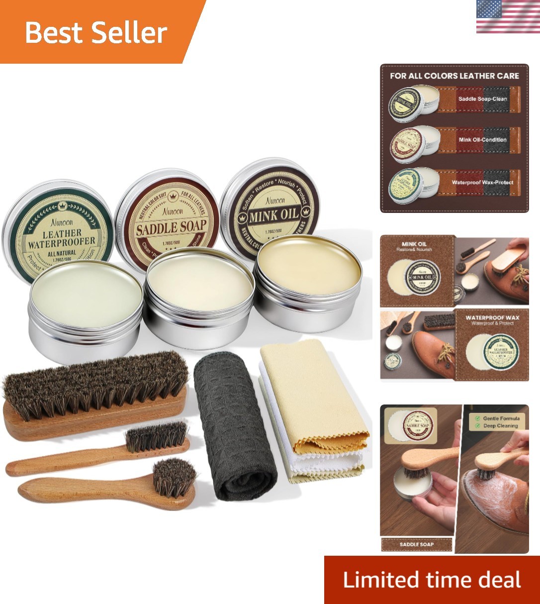 10Pcs Leather Care Kit- 3Pcs Horsehair Brushes, 1.76oz Saddle Soap, 1.76oz Mi…