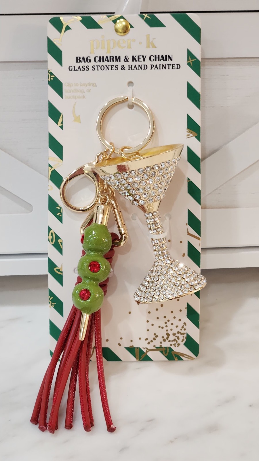 🍸NEW! Piper K Glass Stone Martini & Olive Red Tassel Bag Charm