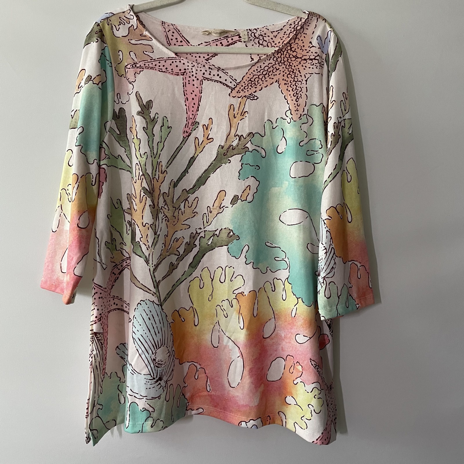 Soft Surroundings Tunic Top 3/4 Sleeve Ocean Theme Pink Multicolor Size L -C