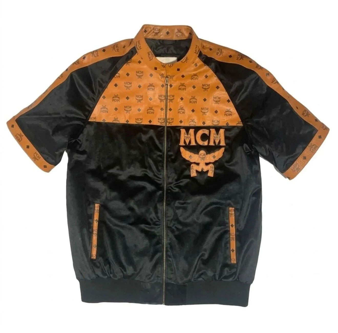 MCM Men’s All Black Leather Short Sleeve Track Suit Set Zip Up Top & Shorts