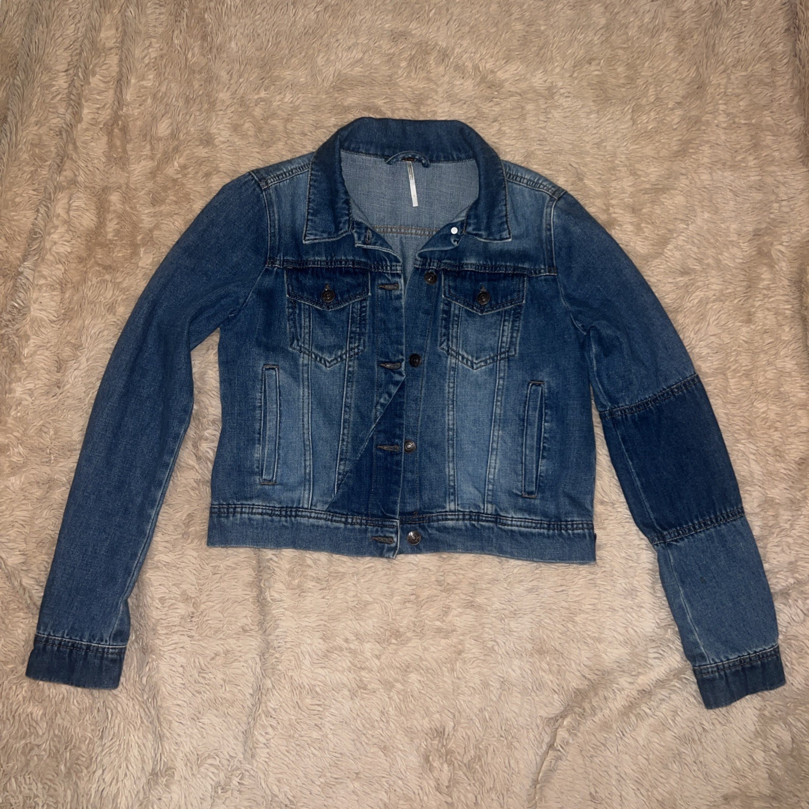 Free People Denim Jacket Womens Small Blue Button Front Cropped Jean