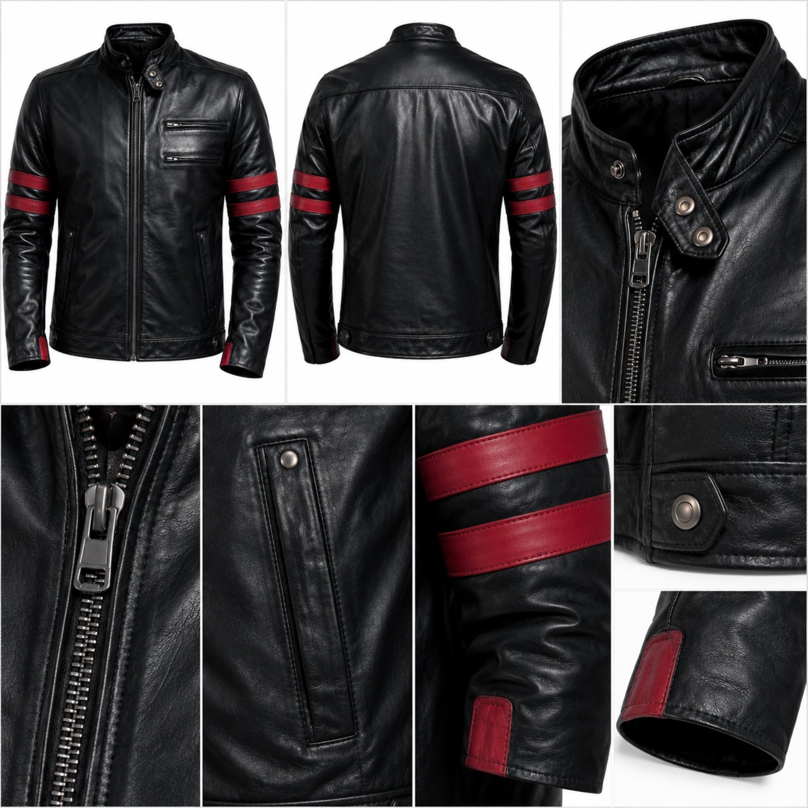 Men’s Black Leather Biker Jacket Red Stripe Cafe Racer Moto Slim Fit Genuine