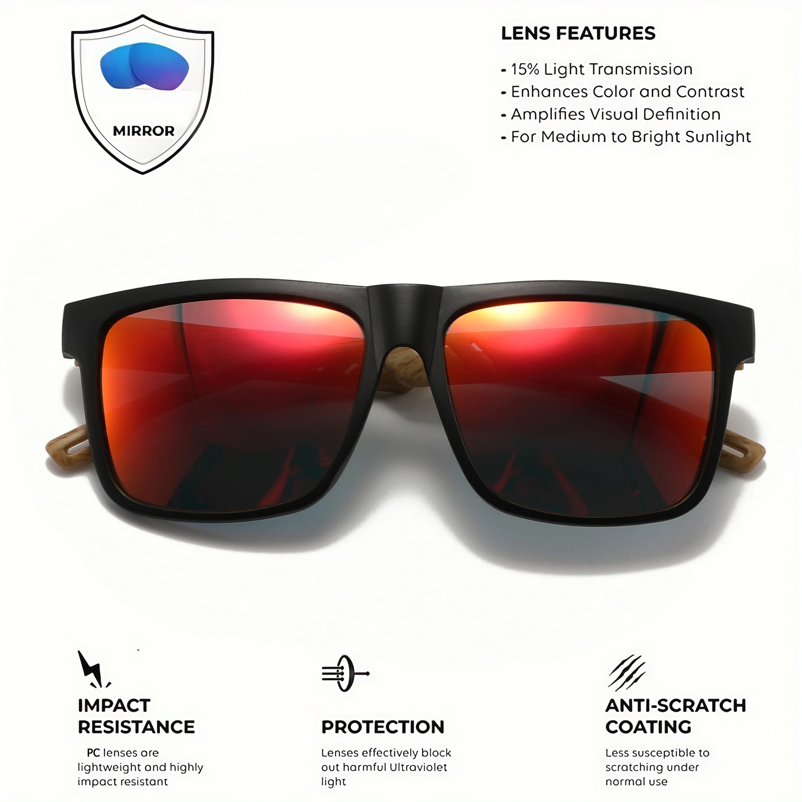 Square Wood Grain Sunglasses UV400 Spring Hinge Unisex Driving Travel Hiking