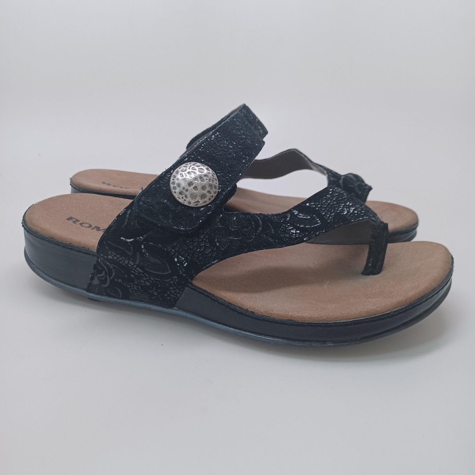 Romika Sandals Black Velvet Leather Comfort Wedge Germany Womens 38 or US 7.5