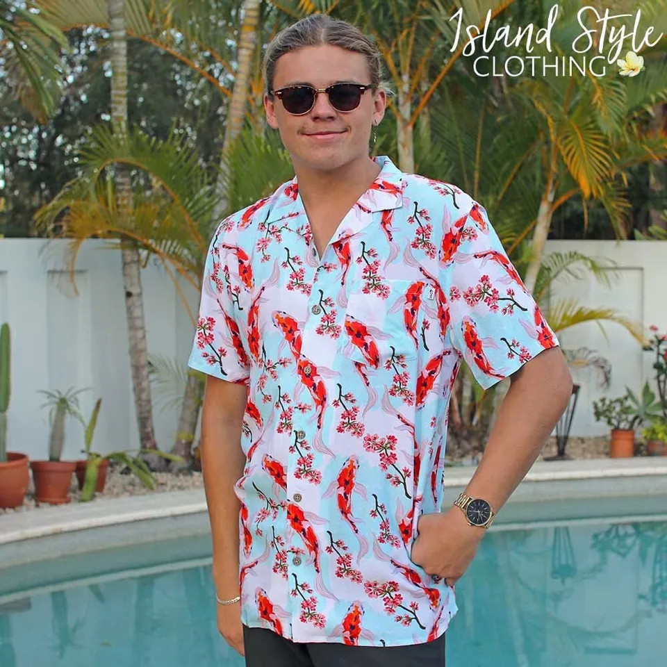 Koi Fish Mens Hawaiian Shirt Tropical Print Short Sleeve Beach Party