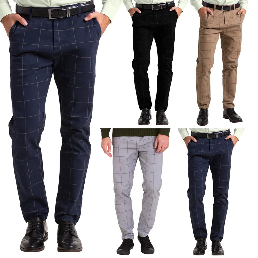 Mens Slim Fit Check Cotton Formal Smart Office Work Pants Professional Style