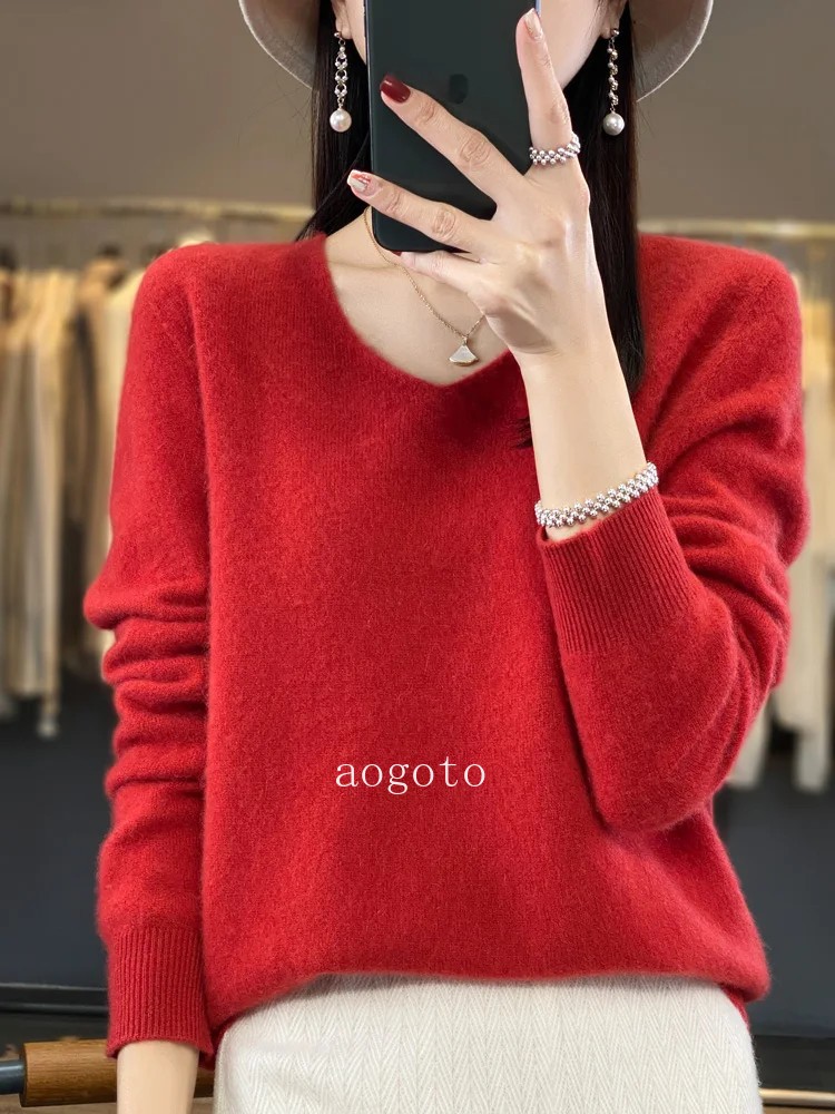 Women’s V-neck Pullover Sweater Knitwear Soft Warm Cashmere Loose Grace Style