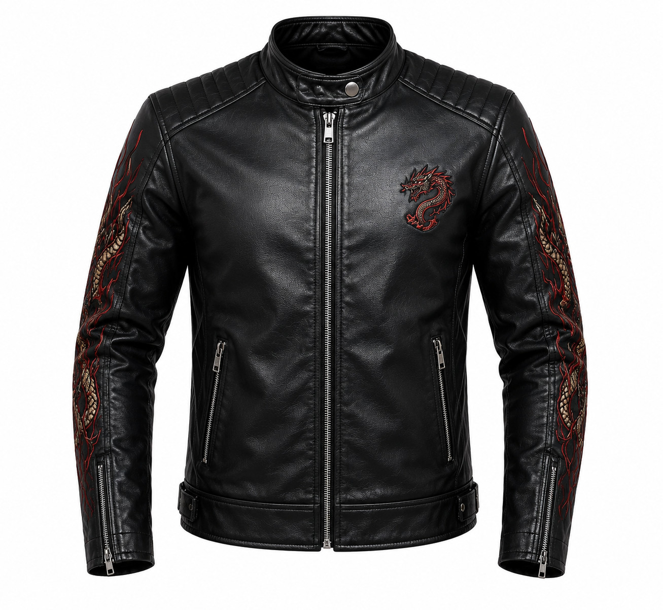 Men’s Dragon Embroidered Leather Jacket Gothic Streetwear Biker Motorcycle Coat