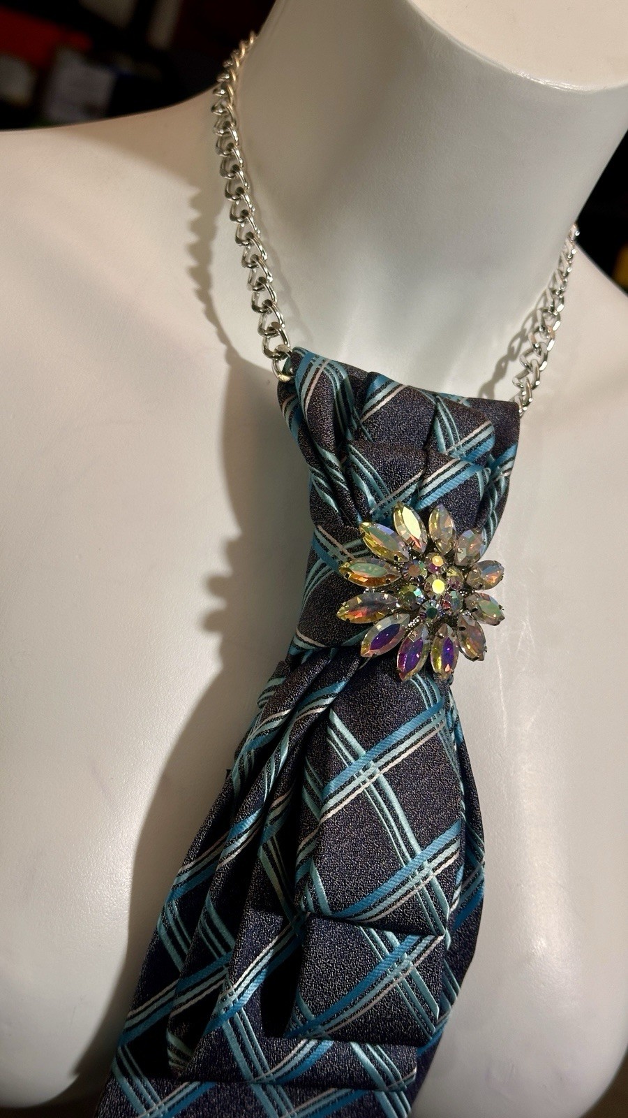 Women’s Blue & Gray Plaid Designer Neck Tie Necklace with Rhinestone Pendant