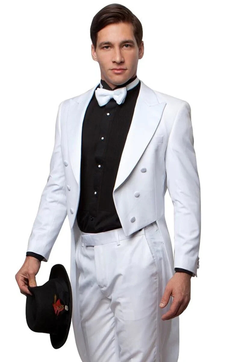 Men’s White Tuxedo Tailcoat with Satin Lapels- Easy Care Wedding Prom Black Tie