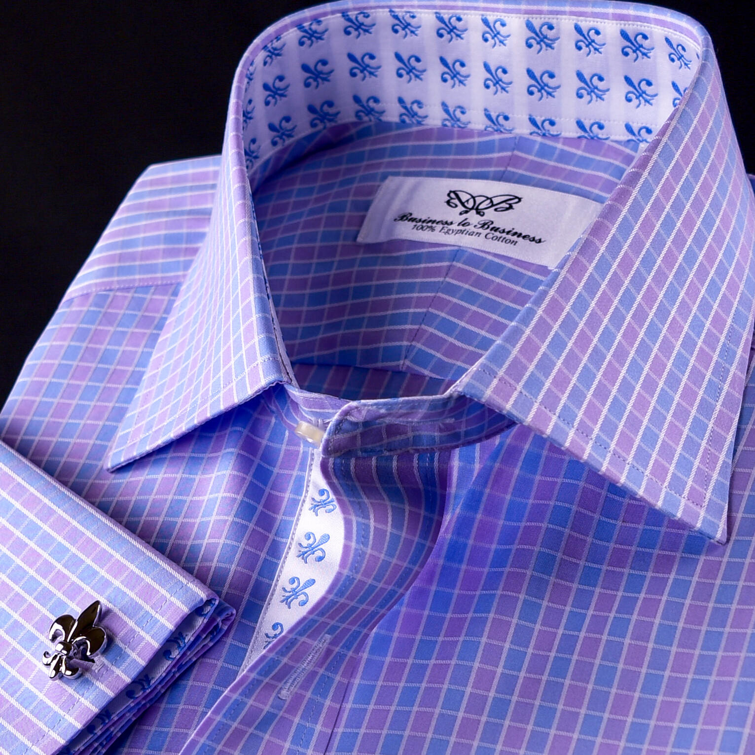 NEW Arrival Purple Blue Check WIth Blue Fleur-De-Lis Dress Shirt French Cuffs