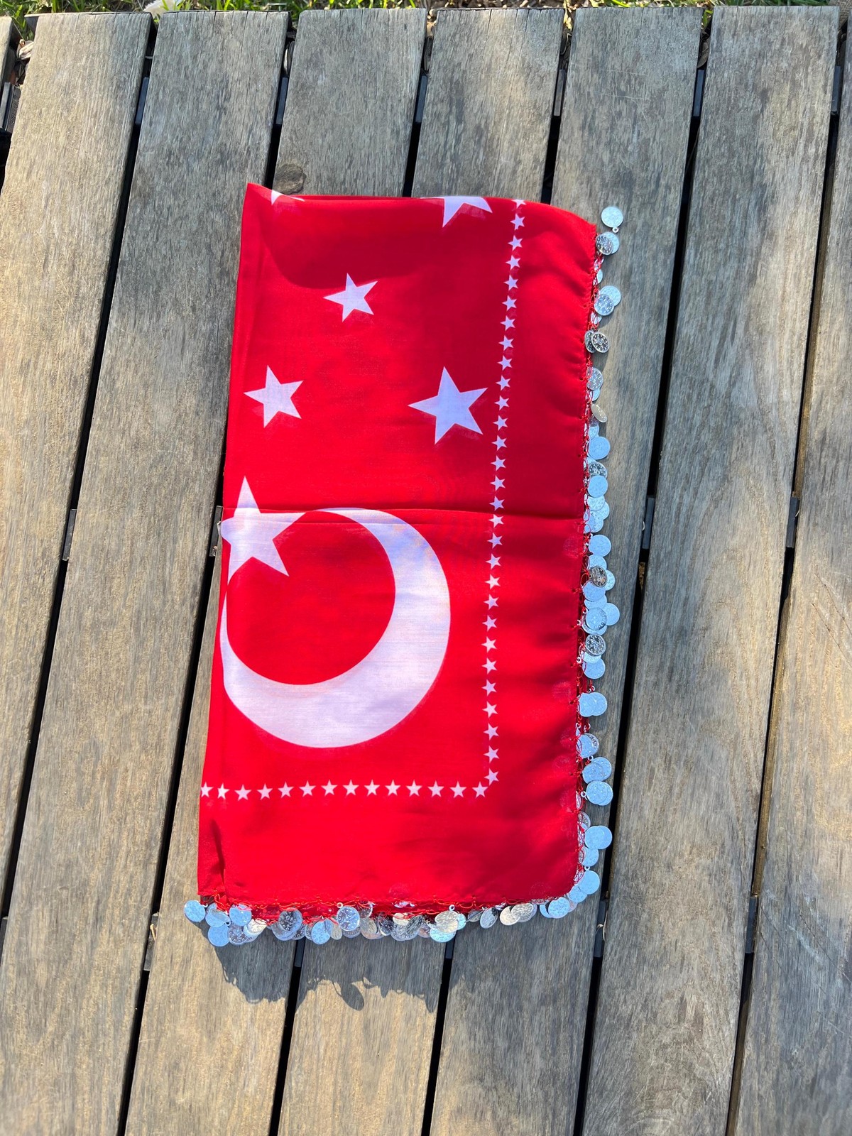 Handmade Red Turkish Flag Beaded Headscarf Yazma 100×100 cm Unique Boho Vintage
