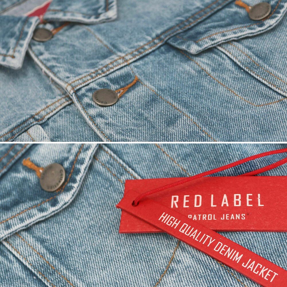 Mens Denim Jean Jacket Faded Premium Cotton Button Up Slim Fit Red Label