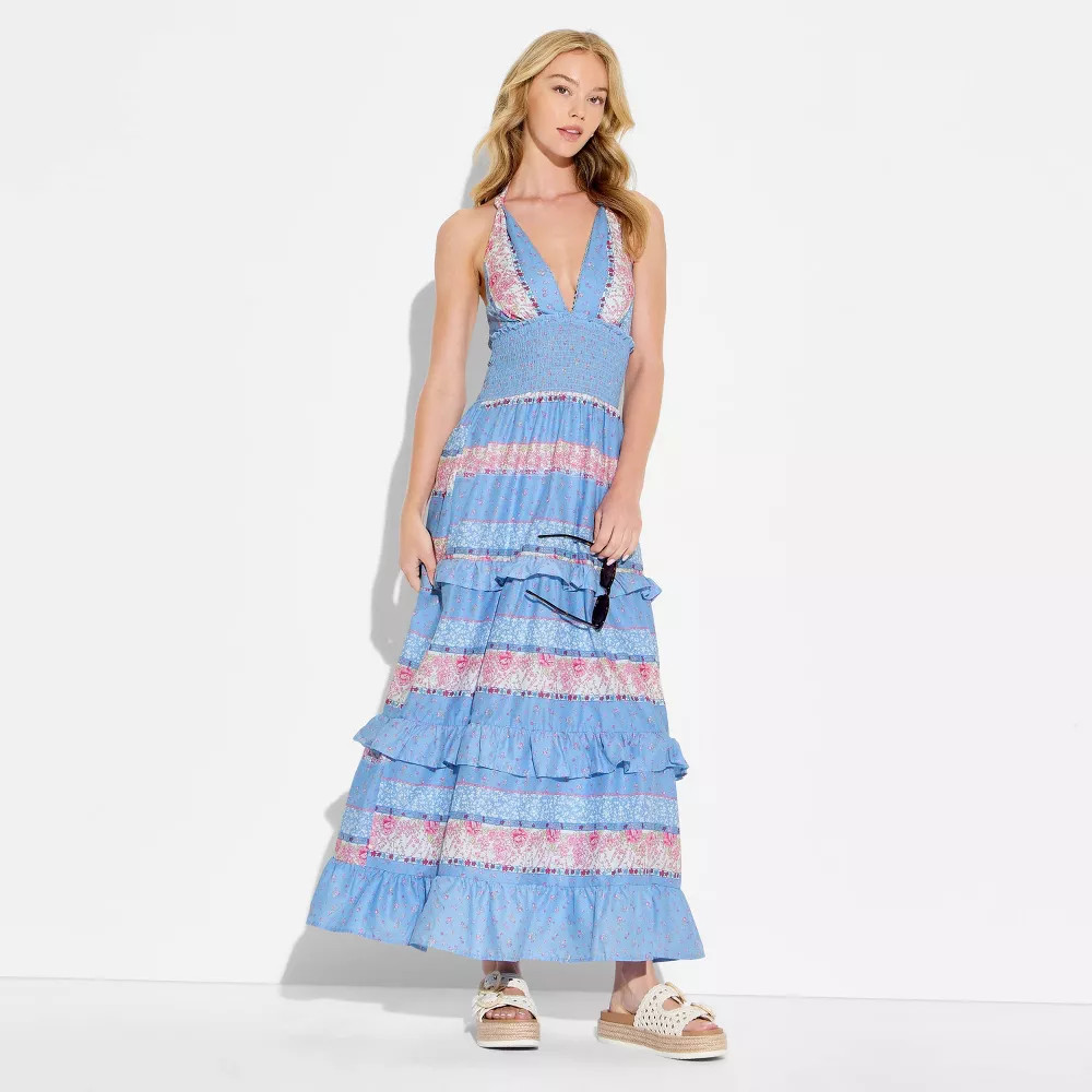 Women Tiered Ruffle Maxi Dress – Wild Fable Blue Floral L