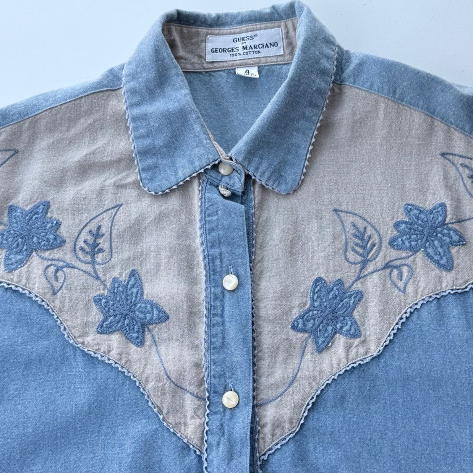 GUESS Georges Marciano 90s Chambray Western Pearl Button Shirt Embroidered Yoke