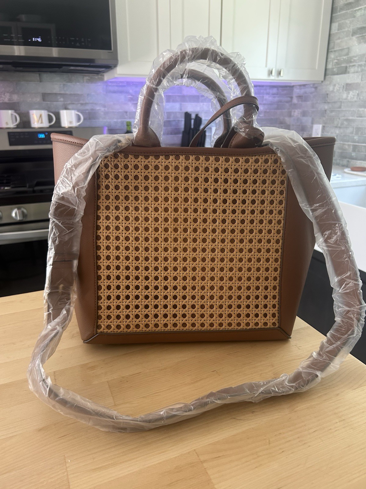 NEW Anne Klein Woven Rattan Tote Handbag Chestnut Brown Shoulder Bag NWT