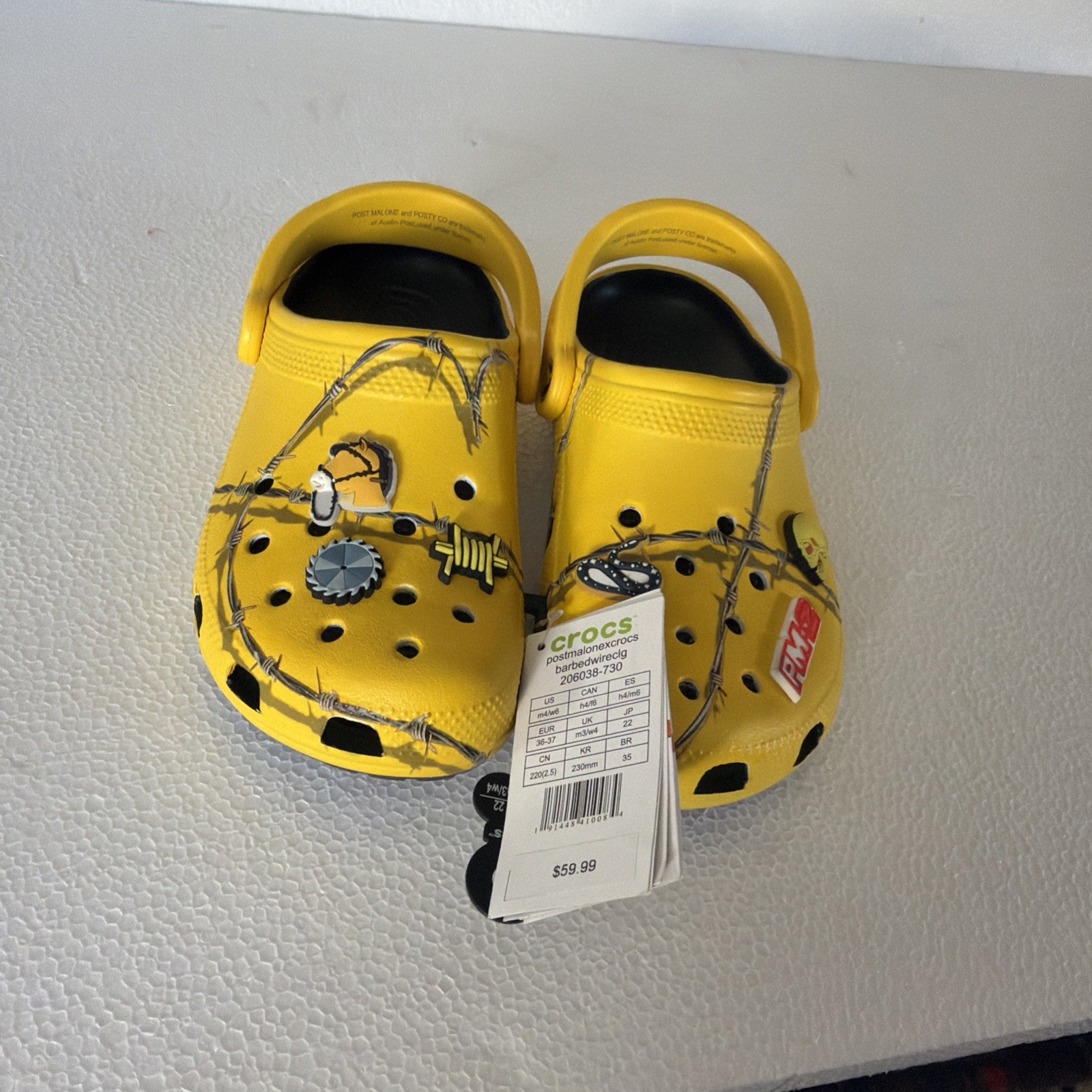 Post Malone Barbed Wire Crocs Yellow w/ Jibbitz Size Men 4 Women 6 Posty X 2019