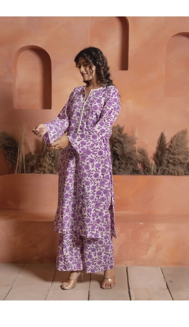 Purple Floral Cotton Co-ord Set, Hand Block Printed Kurta & Pants, Long Sleeve