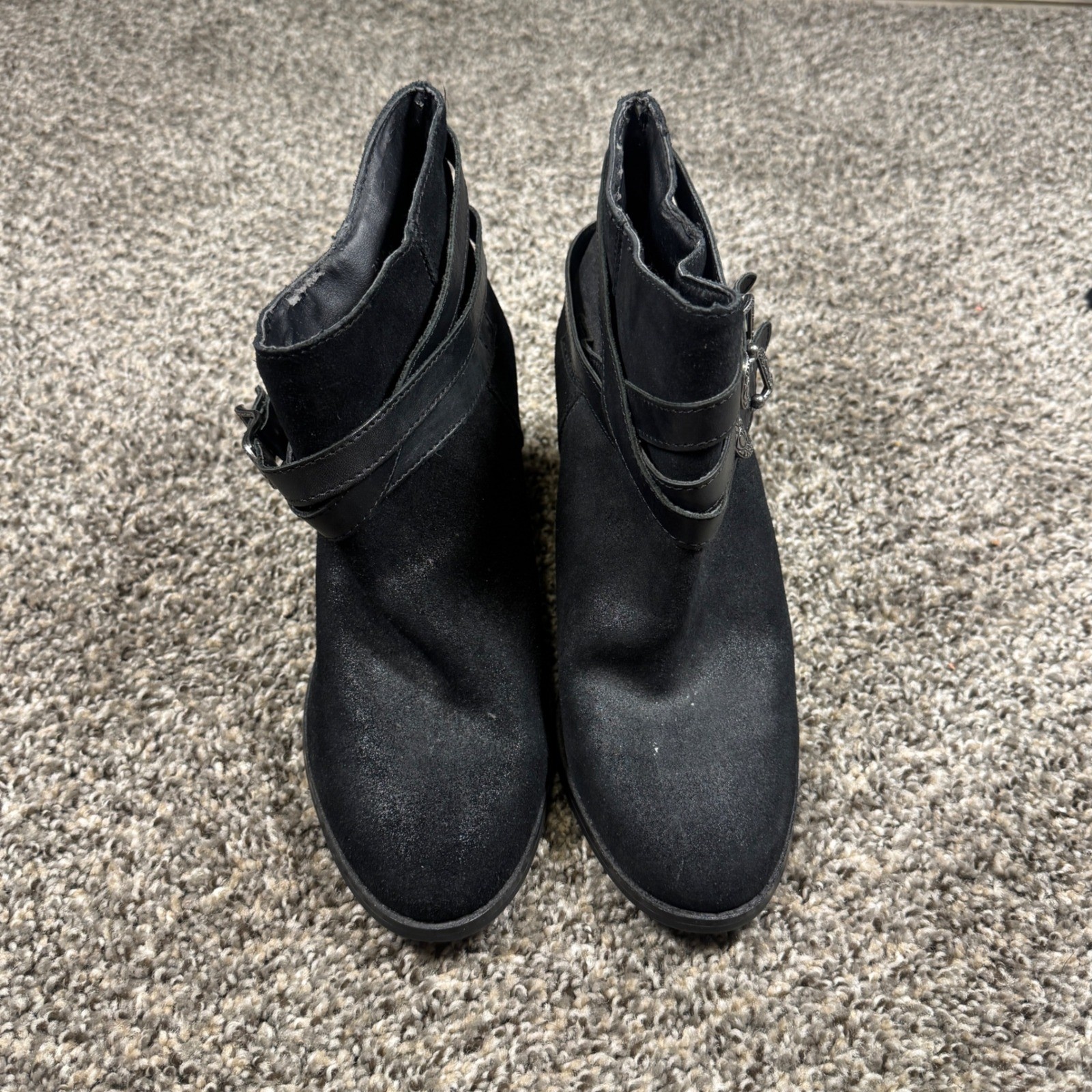 Reba Zania 9.5W Black Leather Western Buckle Grunge Ankle Booties Stacked Heel