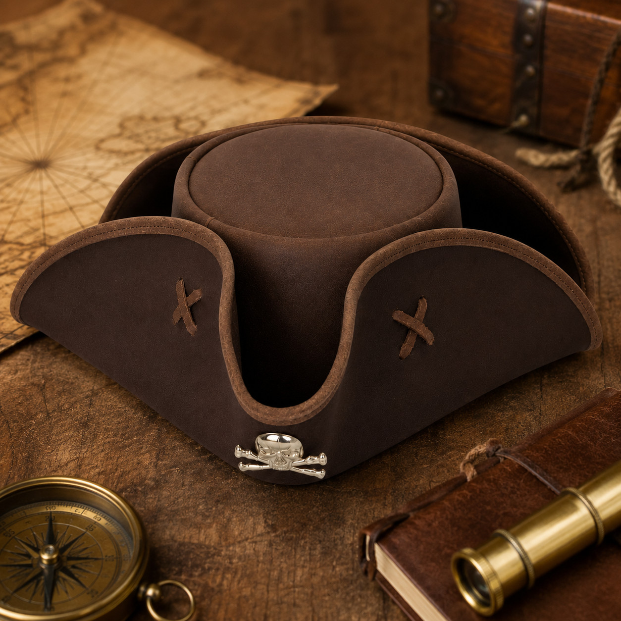 Brown Faux Leather Tricorn Pirate Hat Cross Stitch Handmade Costume LARP