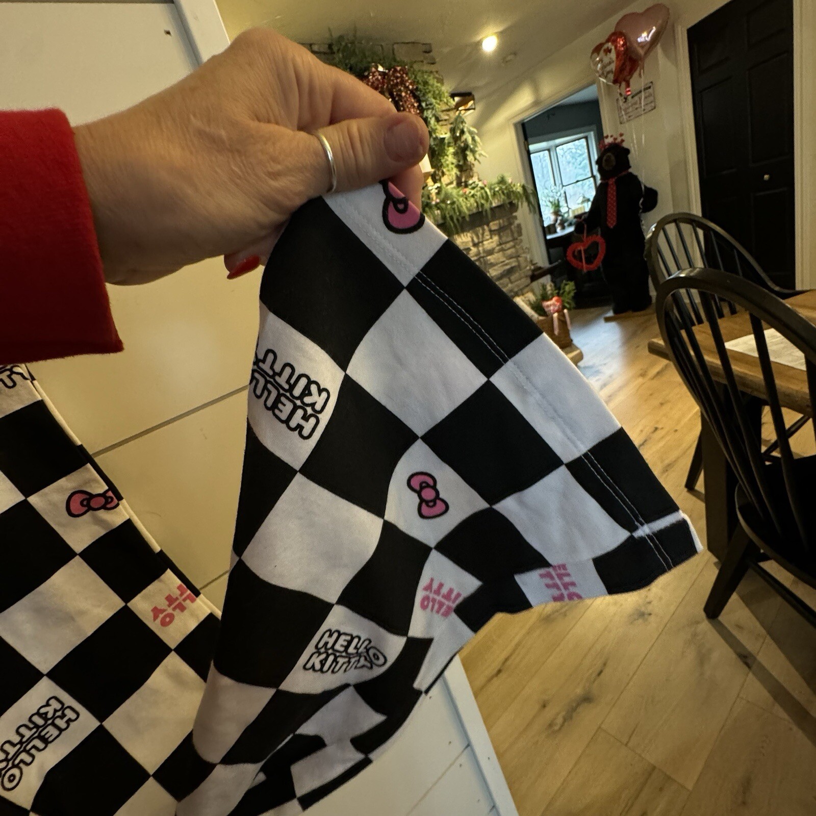 Hello Kitty Womens Sz S Black & White Checkered Wide Leg Flare Leggings /Pants