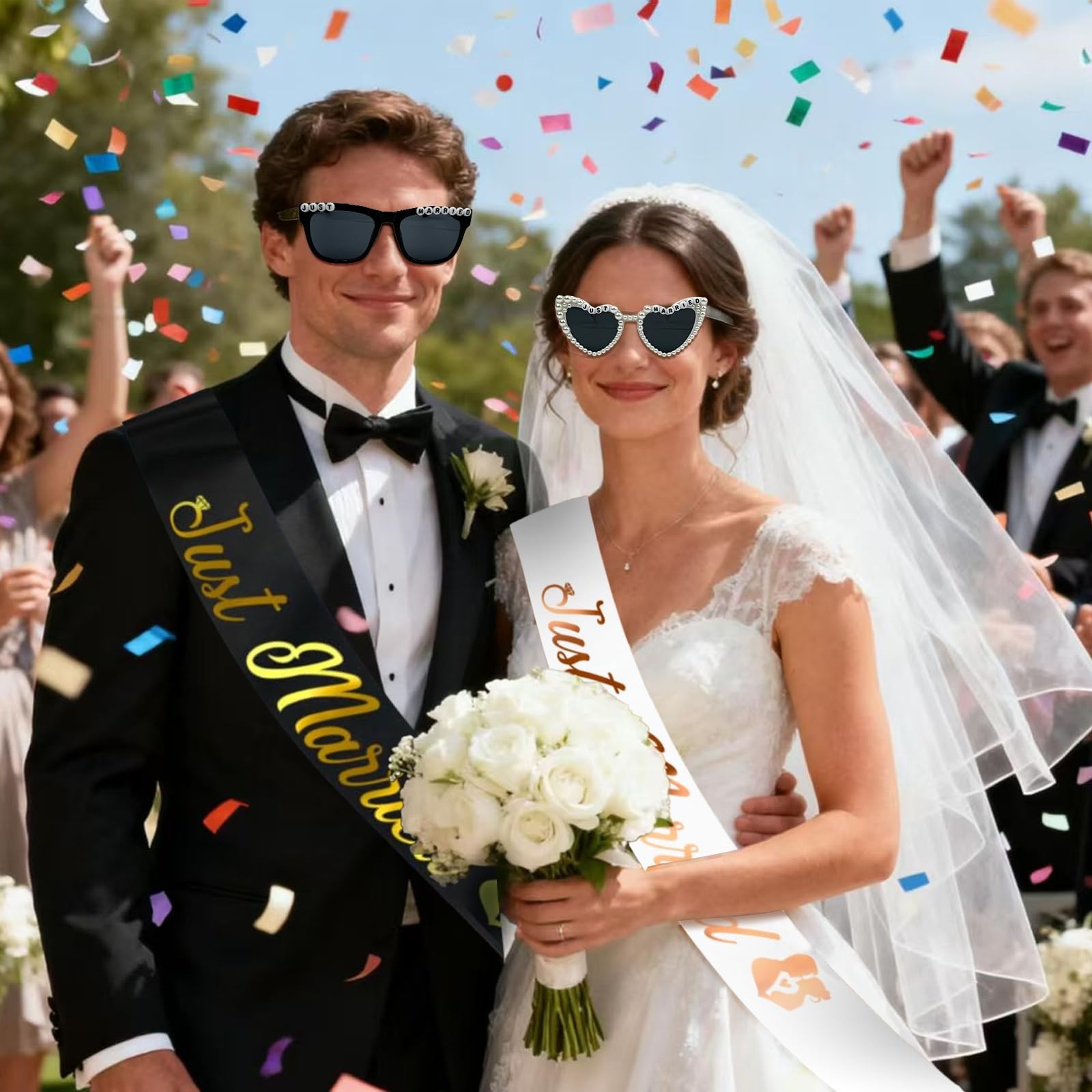 Just Married Bride and Groom Sunglasses with Sash Wedding Honeymoon Accessories
